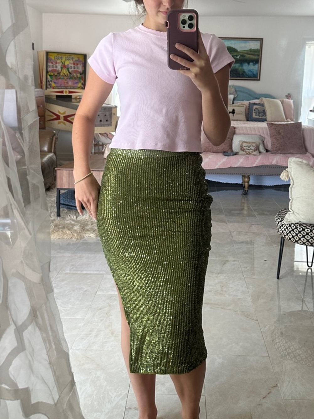 Olive Sequin Midi Pencil Skirt - Women